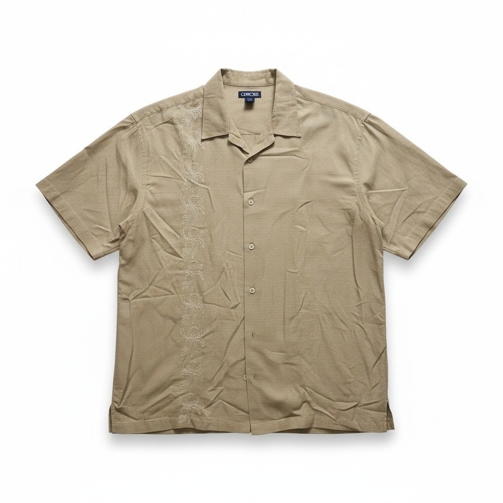 Cherokee Mens XXL Tan Short Sleeve Embroidered Camp Shirt Rayon Blend Grid Print
